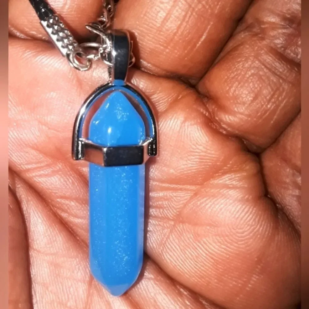 Hand crafted blue glow in the dark pendant necklace